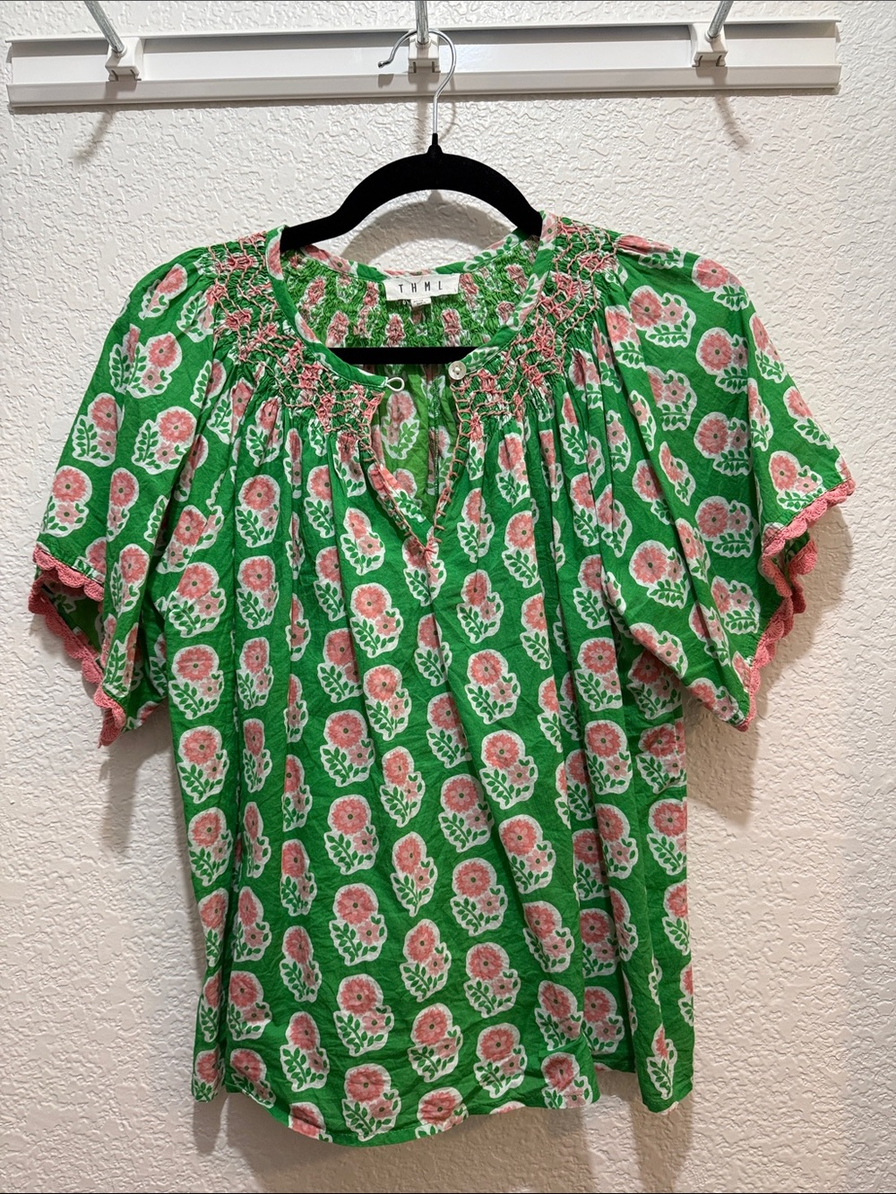 THML Green Blouse with Pink Floral Print and Smocked Neck
